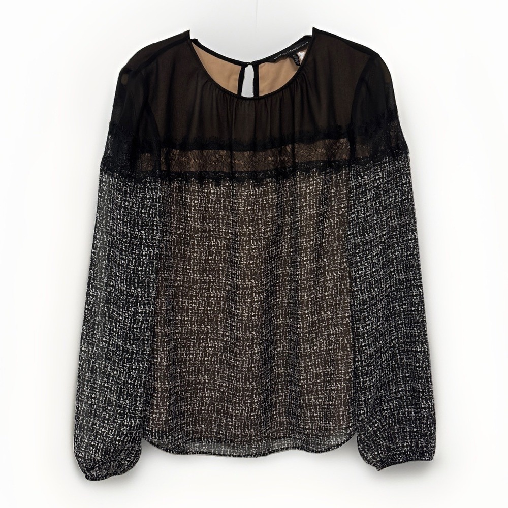 WHITE HOUSE BLACK MARKET WHBM Top Blouse Lace Key Hole L/Sleeve 10 Black Career